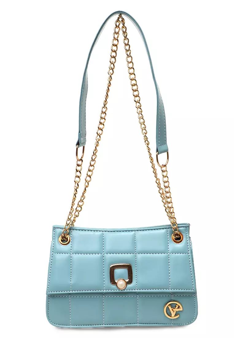 Trisha Slingbags Wanita Motif Kotak-Kotak Design Pastel - Ice Blue