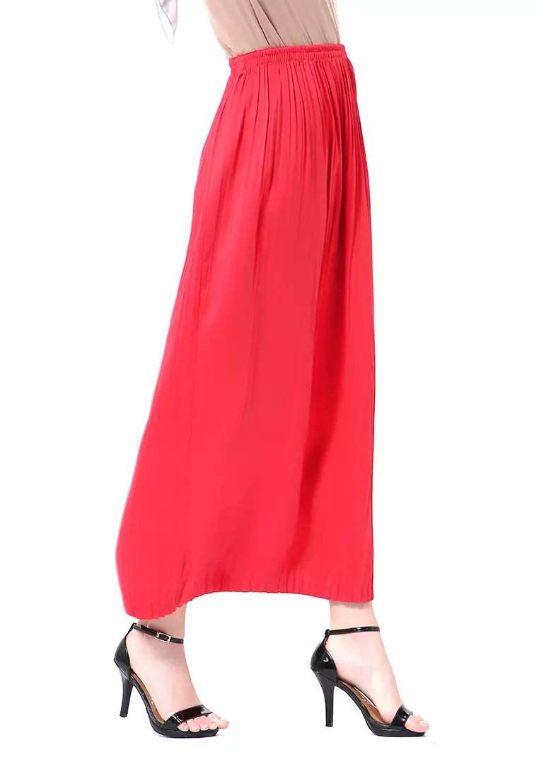 Angely Rok Plisket Rubbery Waist Fashion Wanita Simple - Merah
