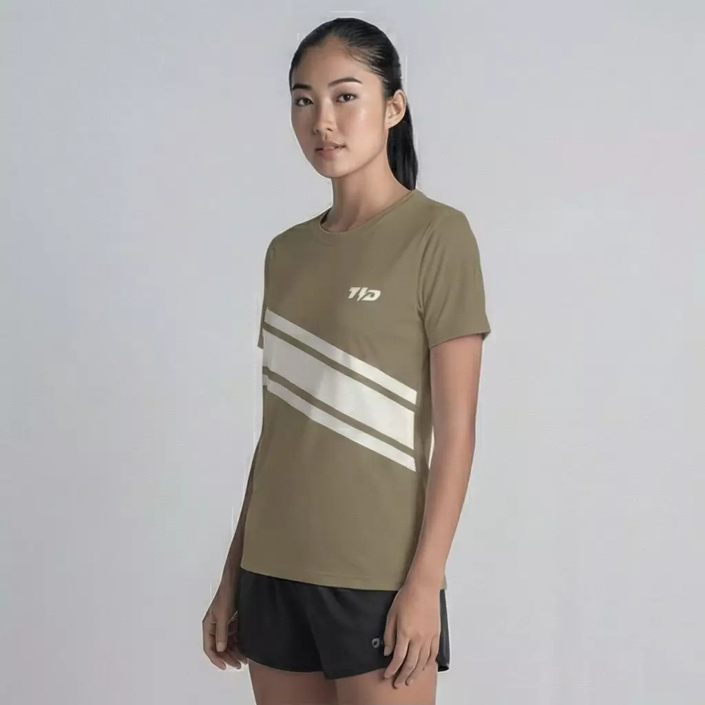 TDACTIVE Kaos Lari Wanita Lengan Pendek Drifit coklat taupe 3stripe tdbolt LSF39