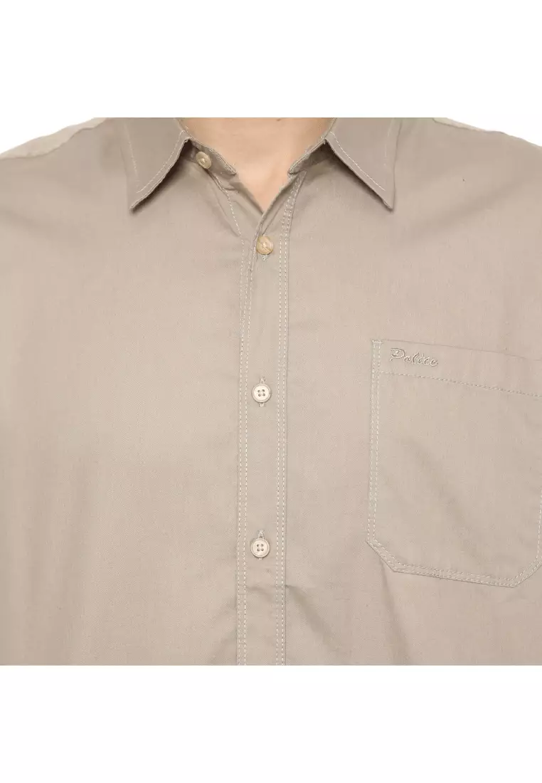 POLICE Kemeja Polos Cotton Twill Medium Beige Regular Fit Lengan Panjang Pria