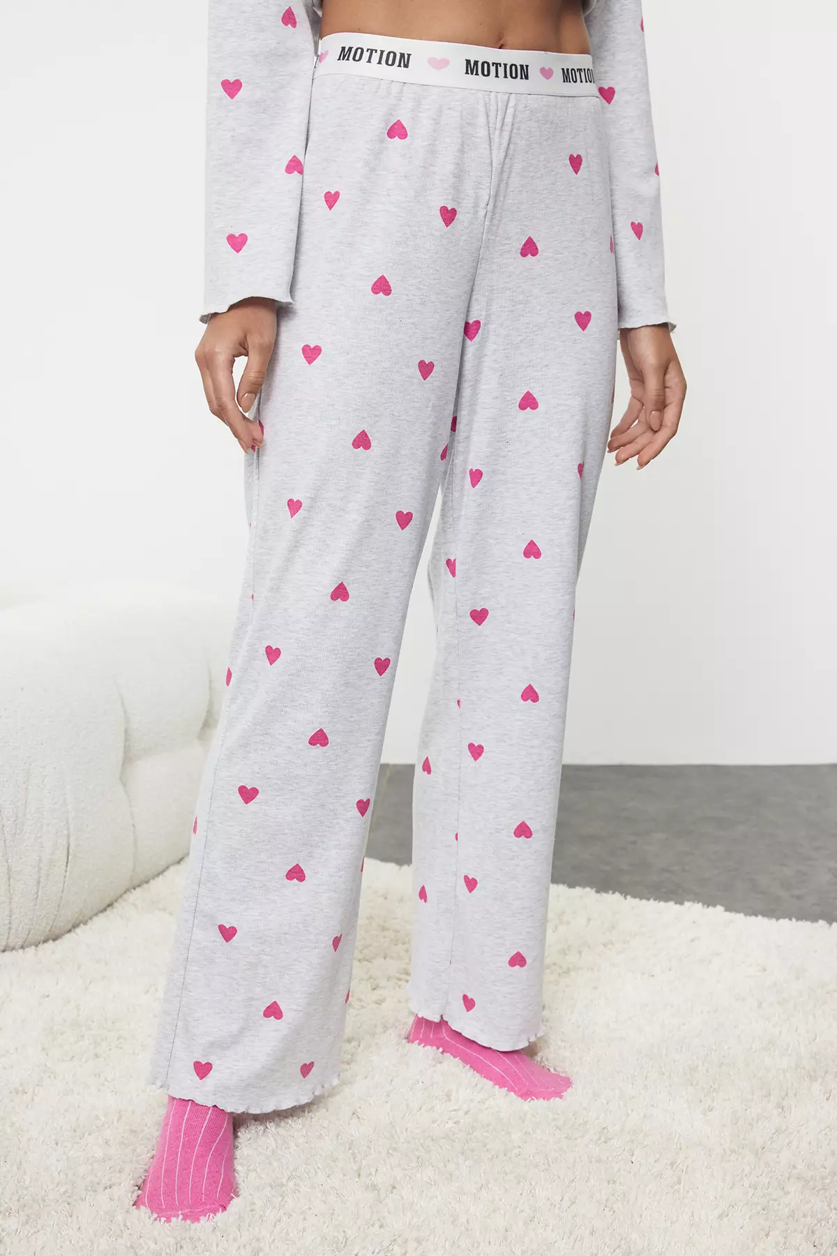 Grey Melange Heart Slogan Printed Elastic Knitted Pajama Set