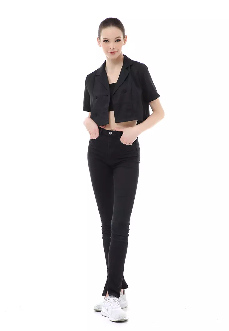 Myra Blazer Wanita Lengan Pendek Simple Design Motif Polos Material Cotton ORIGINAL - Black