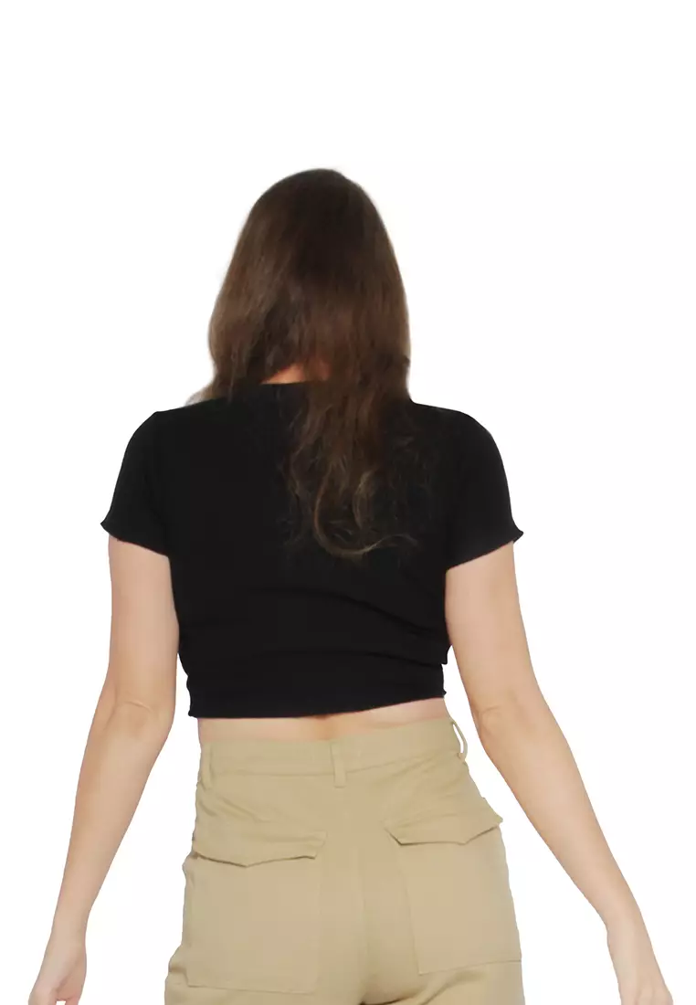 Black Crew Neck Rib Knit Top