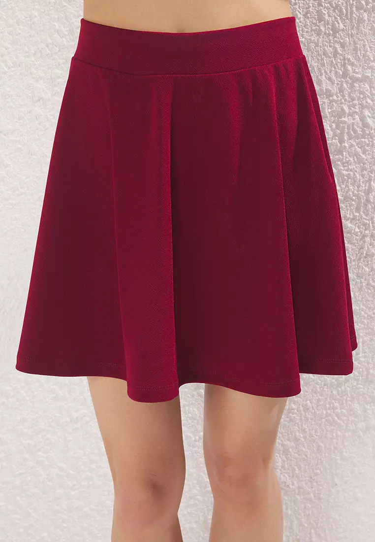 Burgundy Scuba Crepe Skater High Waist Stretchy Knitted Skirt Twoaw24Et00343
