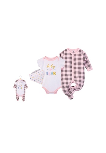 Little Kooma white and pink Hudson Baby Bodysuit Sleepsuit Bib 3 Piece Layette Set 00989CH Baby Bear 97890KA6D5E70EGS_1