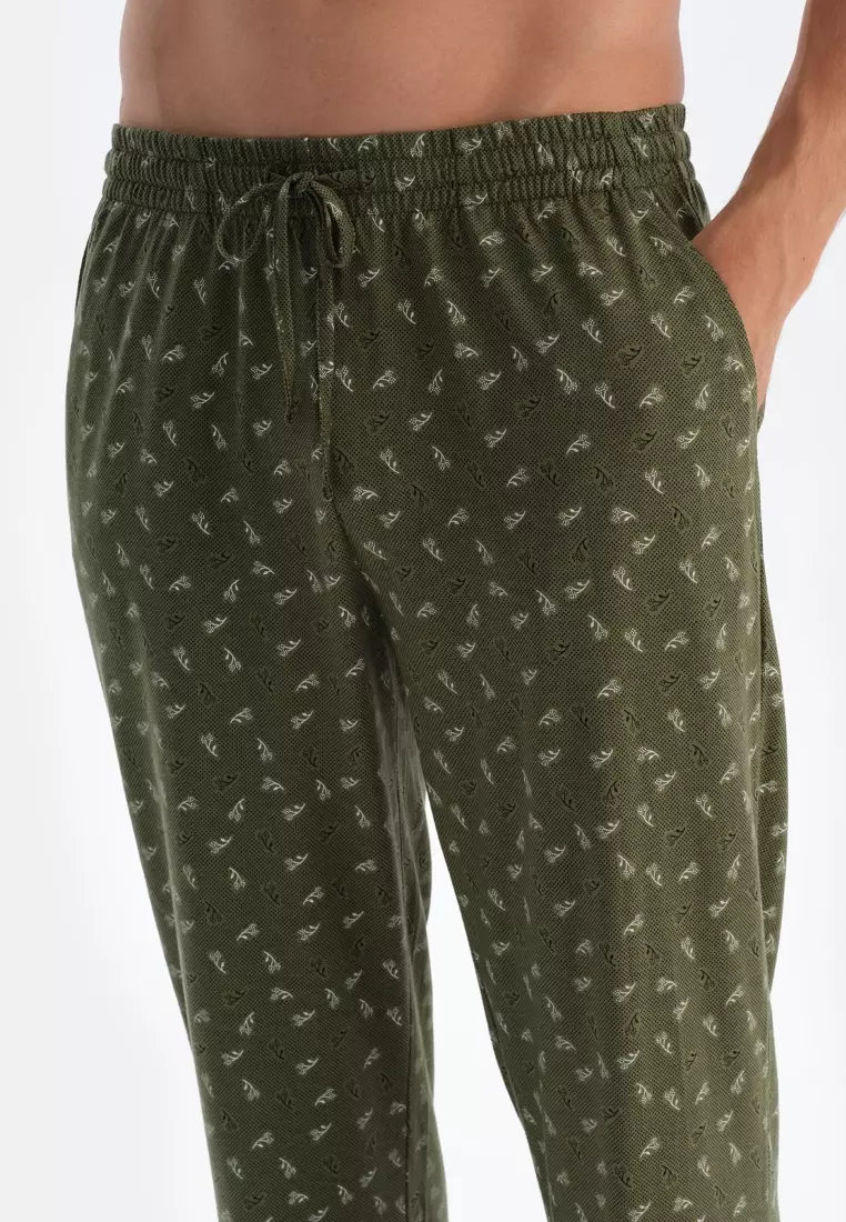 Khaki T-Shirt & Trousers Set, V-Neck, Regular Fit, Long Sleeve Sleepwear for Men