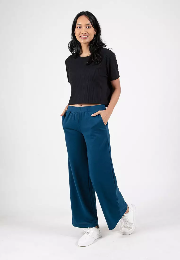 Forest Ladies Cotton Terry Wide Leg Pants Women Casual Long Pants - 810544-33Navy