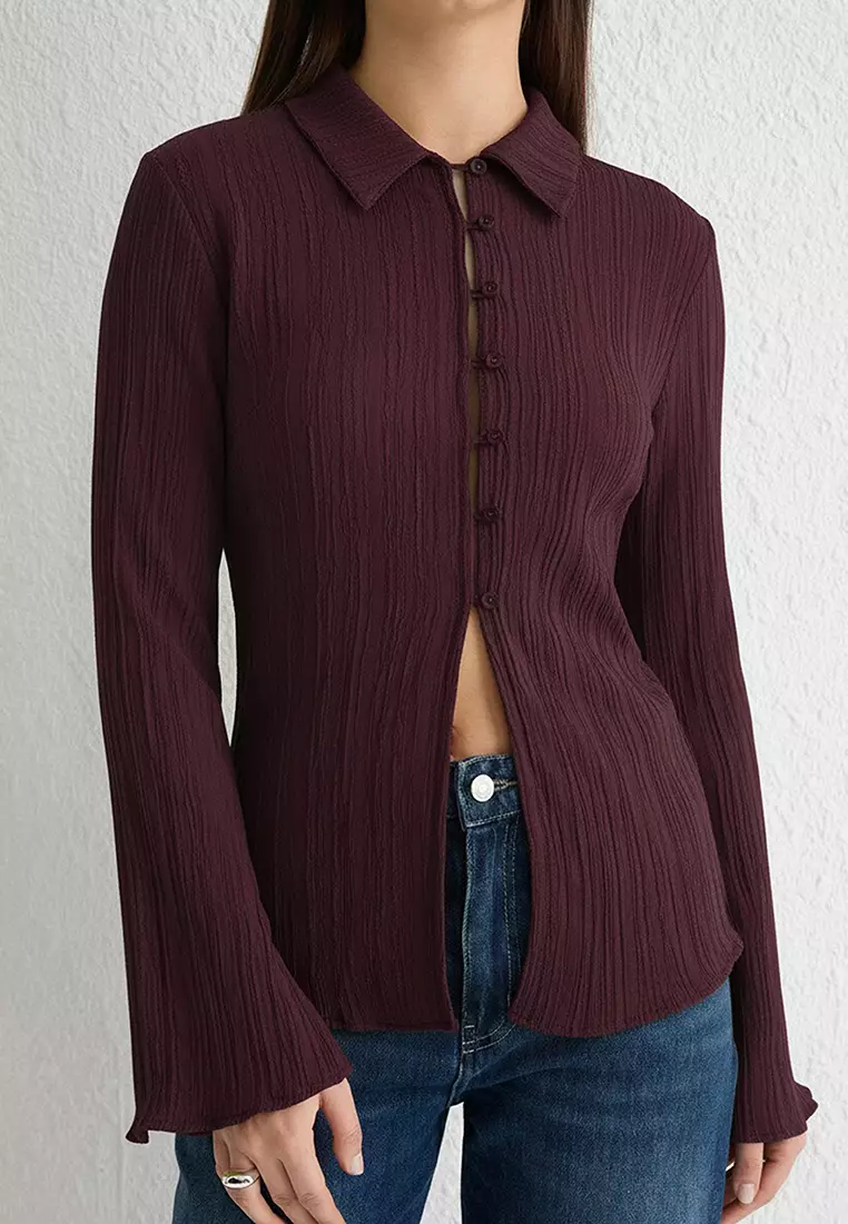 Plum Textured Fitted Waist Woven Shirt Twoss24Go00002