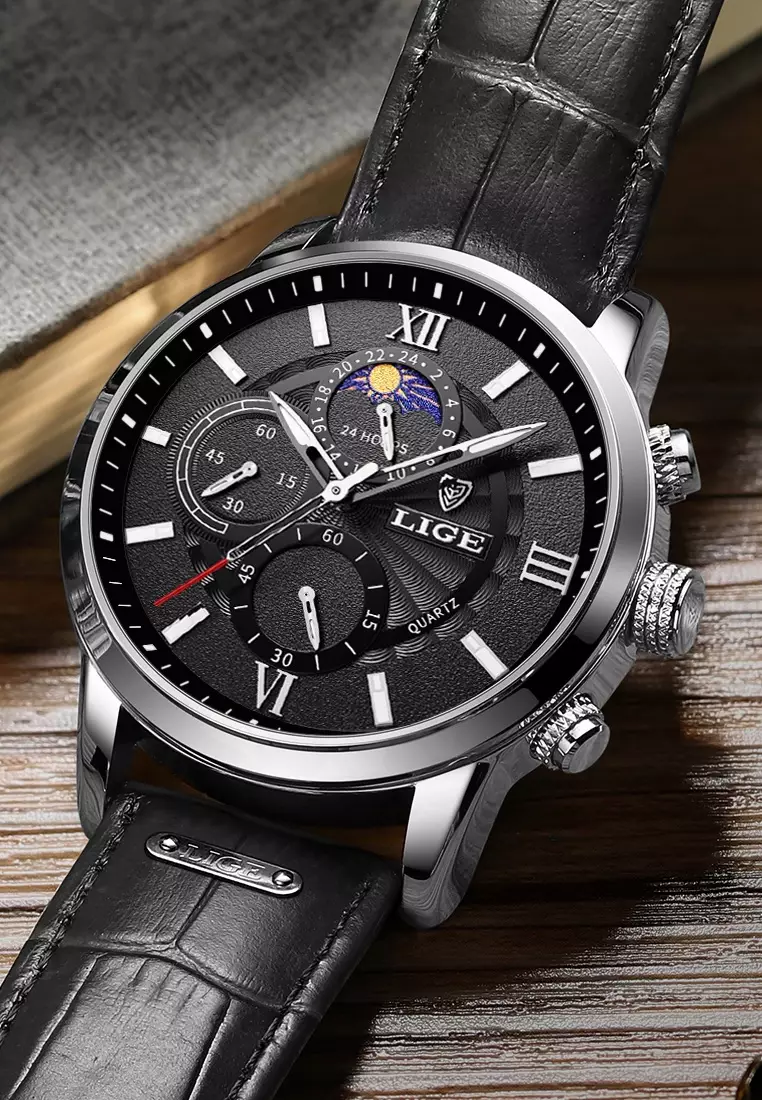 Chronograph, Unisex, Stainless Steel Quartz Watch 43mm, Black dial, on Black Leather Strap