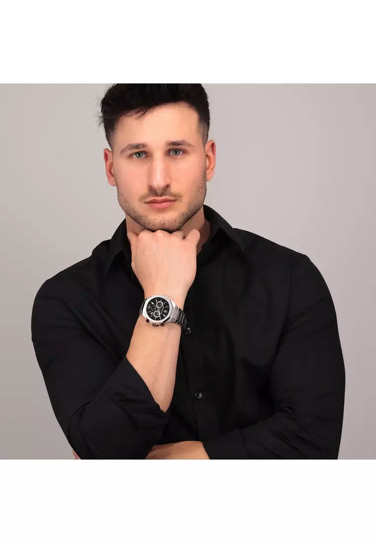 【2 Years Warranty】Maserati Stile 45mm Black Dial Men's Stainless Steel Chronograph Quartz Watch R8873642004 With Luminous Dial Hands