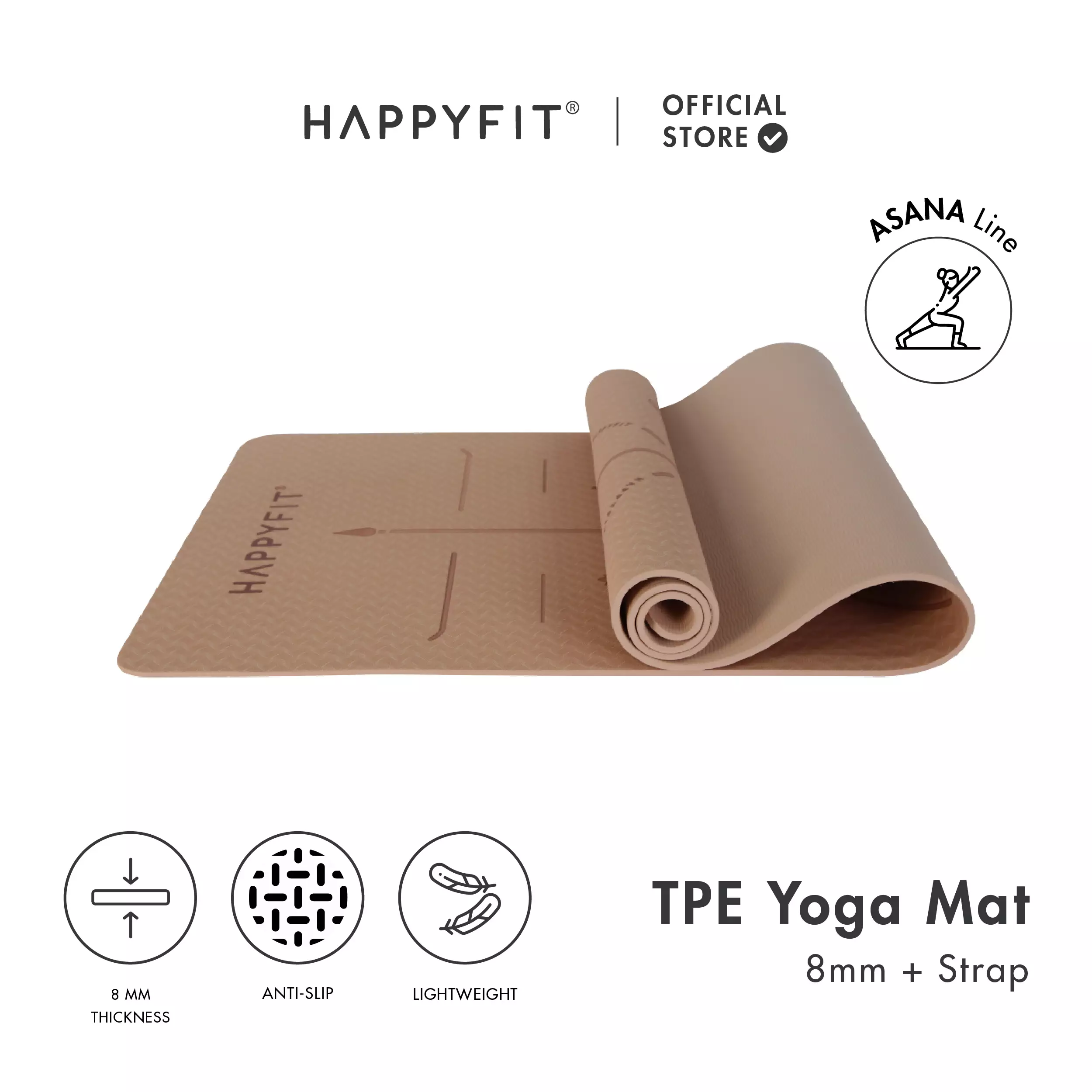 HAPPYFIT Yoga Mat Asana TPE 8mm Free Strap Coffee