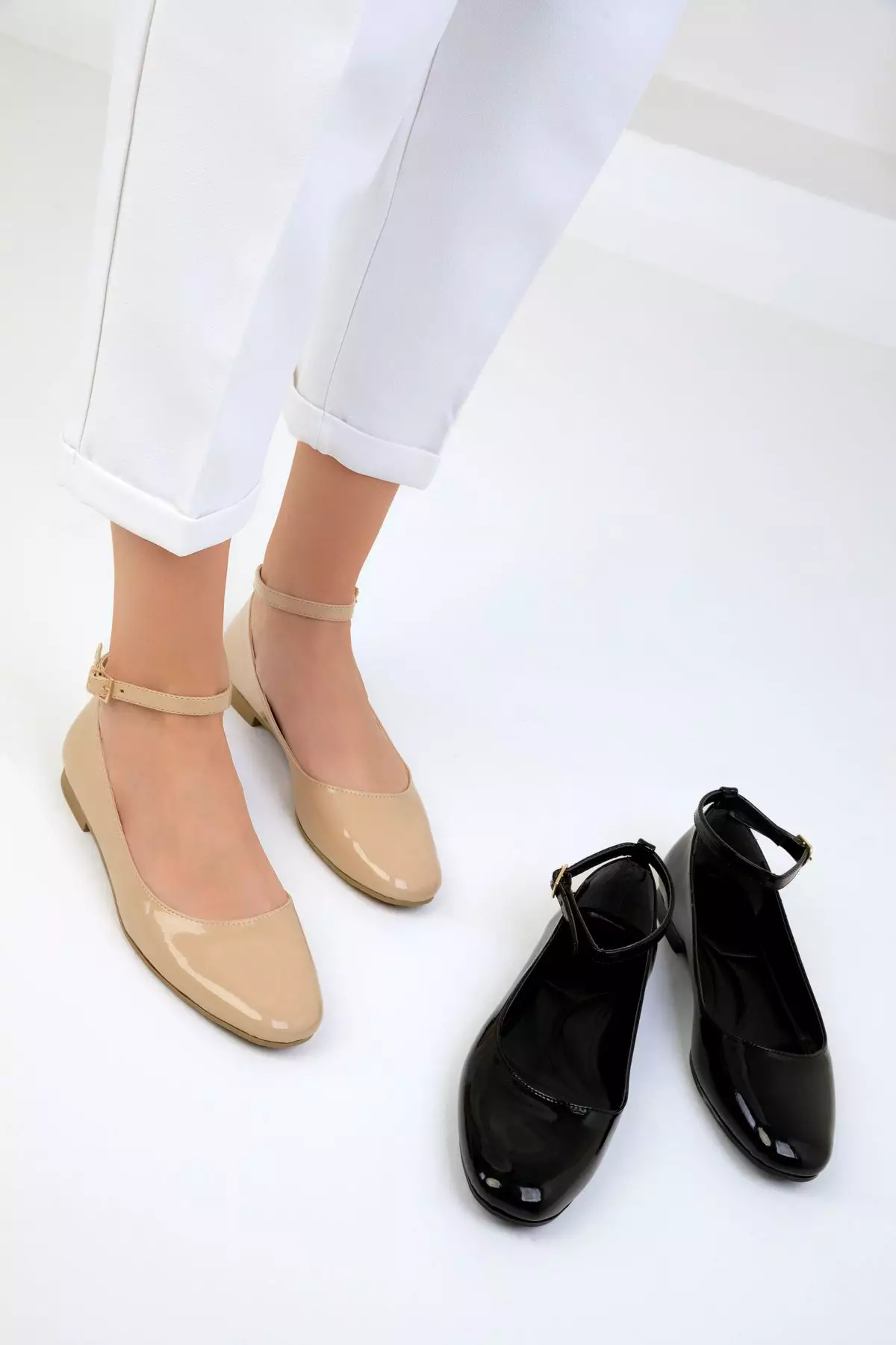 Faux Patent Leather Ankle Strap Flats