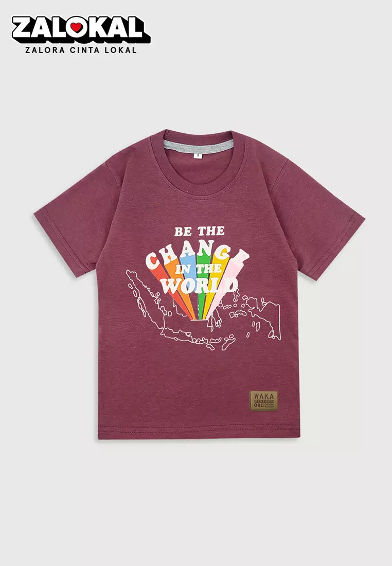 Wakakids Baju Atasan Kaos Anak Laki Laki Usia 1 Tahun Hingga 4 Tahun Motif Be The Change In The World 4121 WKATS Maroon