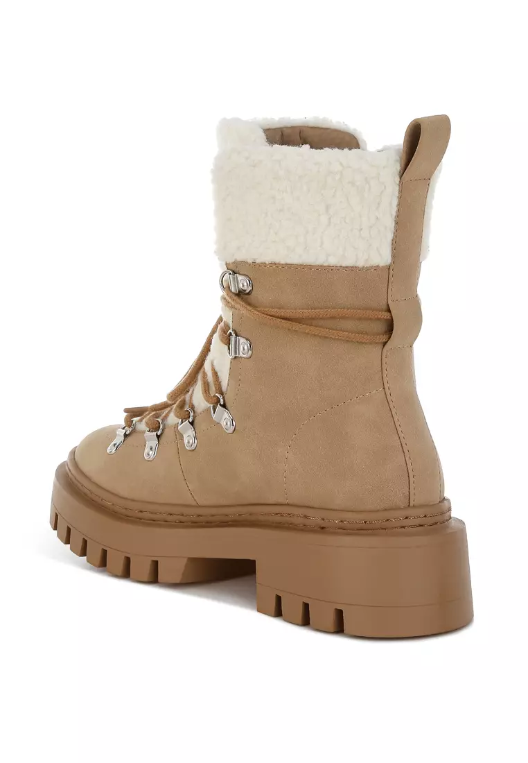Fleece & Faux Leather Boots in Tan