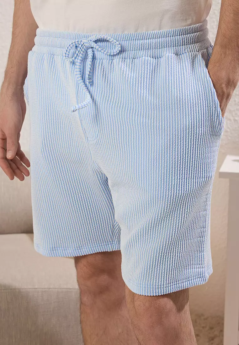 Blue Unisex Ecru Regular Fit Dog Embroidered Striped Knitted Pajama Set TMNSS25PT00007