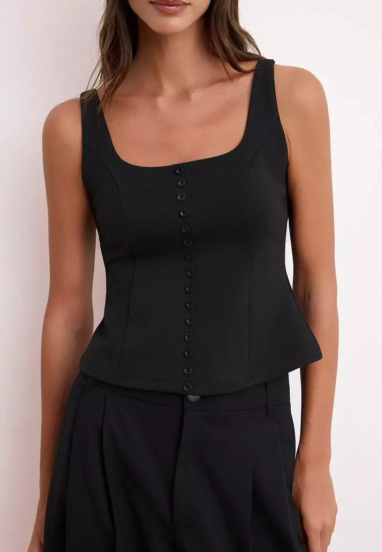 Square Neck Buttoned Sleeveless Top