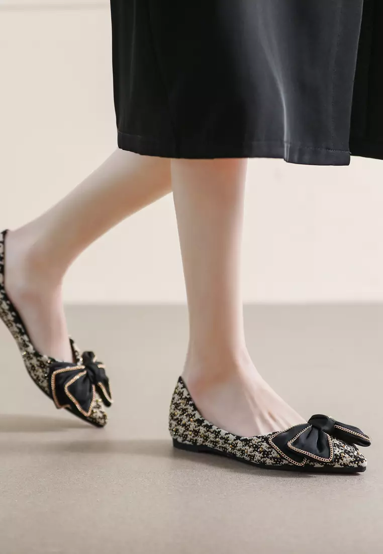Bow Pointy Tweed Flat Shoes WW377-19