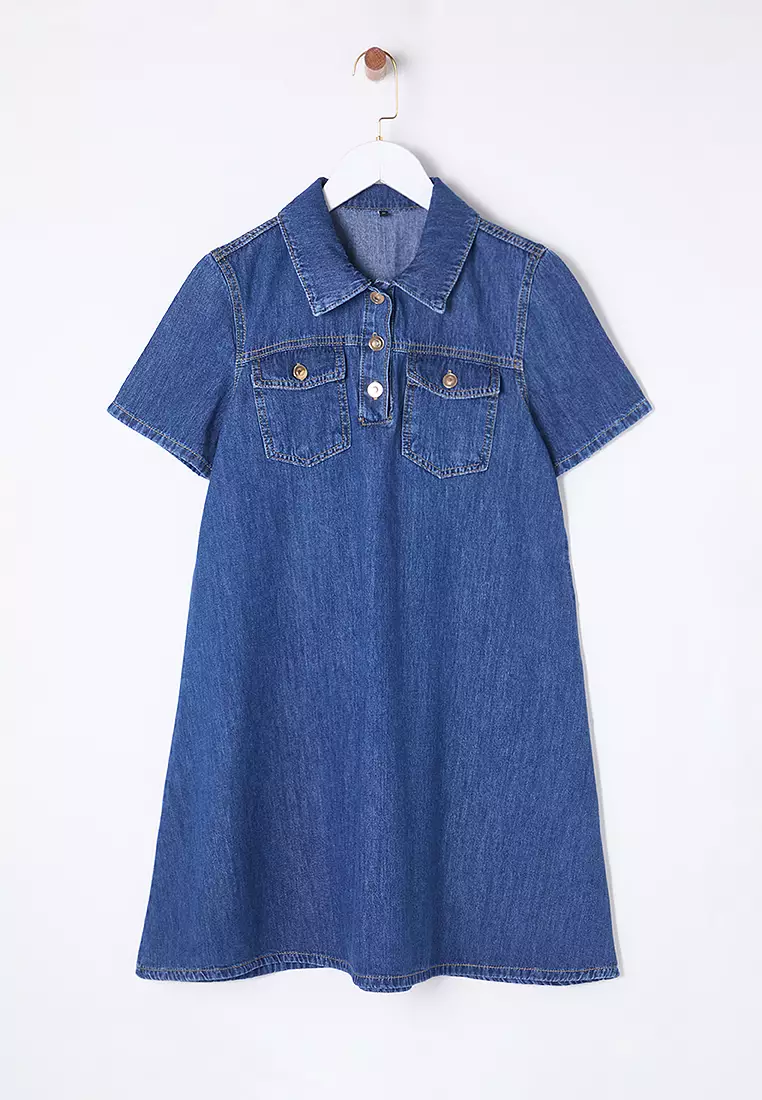 Pockets Detail Mini Denim Shirt Dress