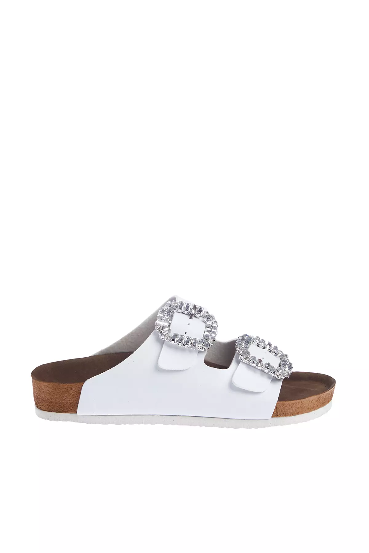 White Stone Accessory Detailed Double Buckle Women's Slippers Takss24Te00002