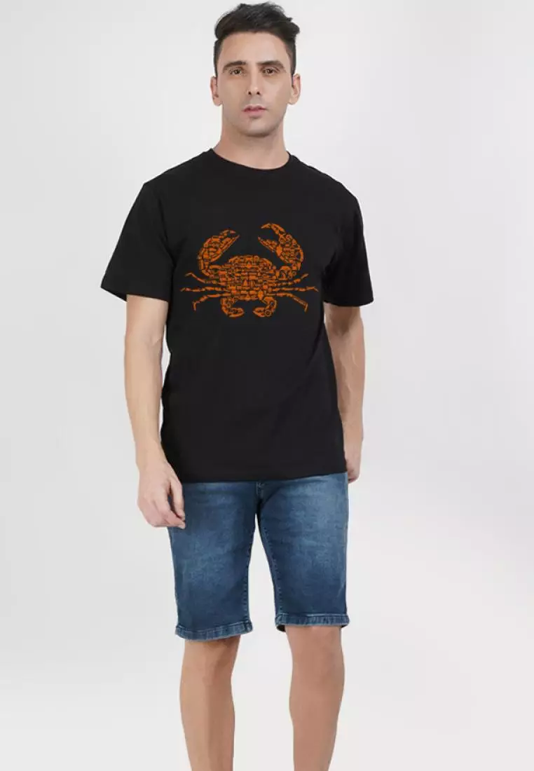 螃蟹印花图案短袖黑色棉质 T 恤
