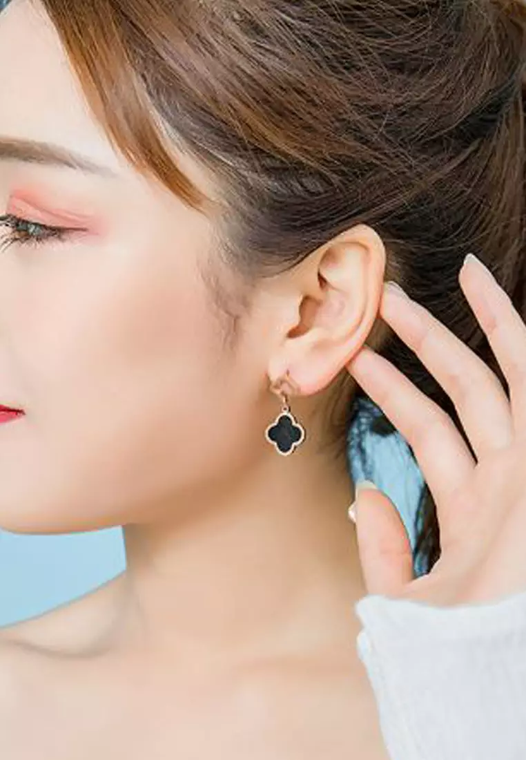 Adele Four Leaf Clover Drop Earrings in Black