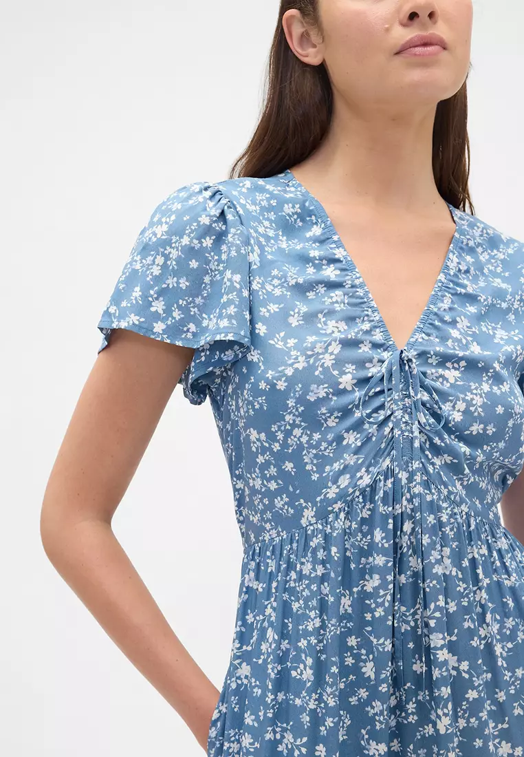 Short Sleeve V-Neck Ruched Maxi Dress