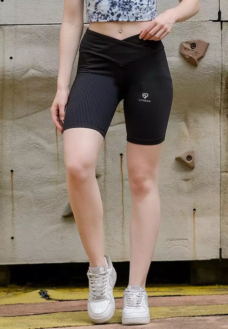 Fitwear - Legging / Celana Pendek Olahraga NATALIA MIDLENGTH - V WAIST BLACK RIBB