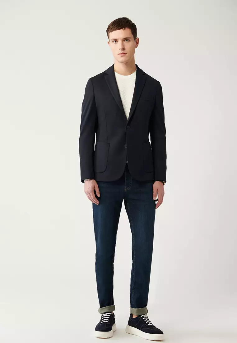 Men's Navy Blue Mono Collar Double Slit Unlined Knitted Jacket B004001