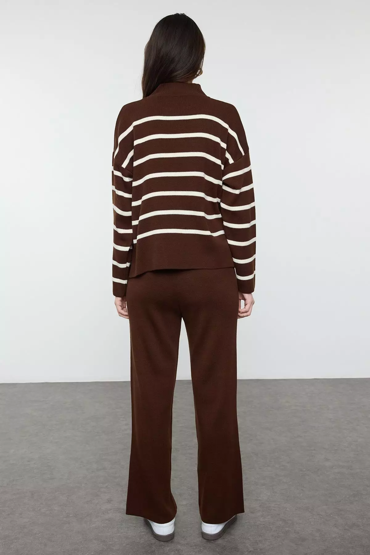 Brown Striped Knitted Trousers Bottom-Top Set Twoaw24Au00045
