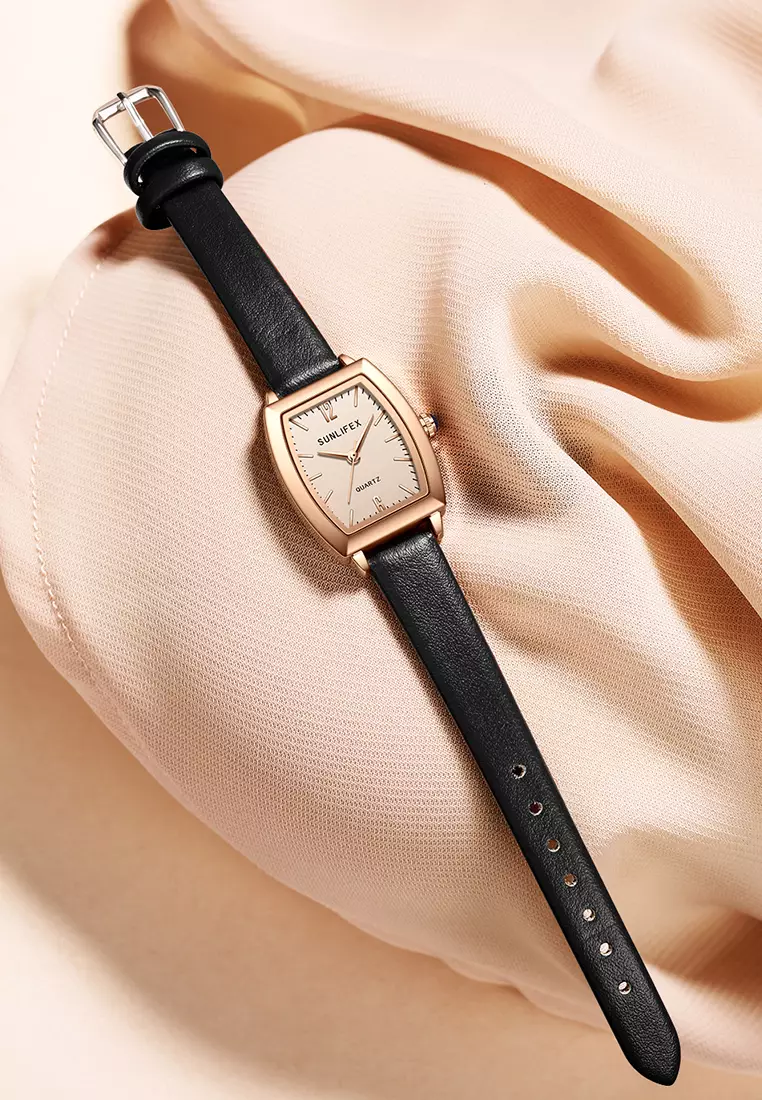 Jam Tangan Wanita 6007 Original Tali Kulit Jam Anggun Santai Korea Jam Tangan Cewek black