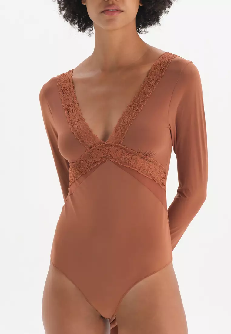 Brown Bodysuits, V-Neck, Regular, Long Sleeve Underwear for Women
