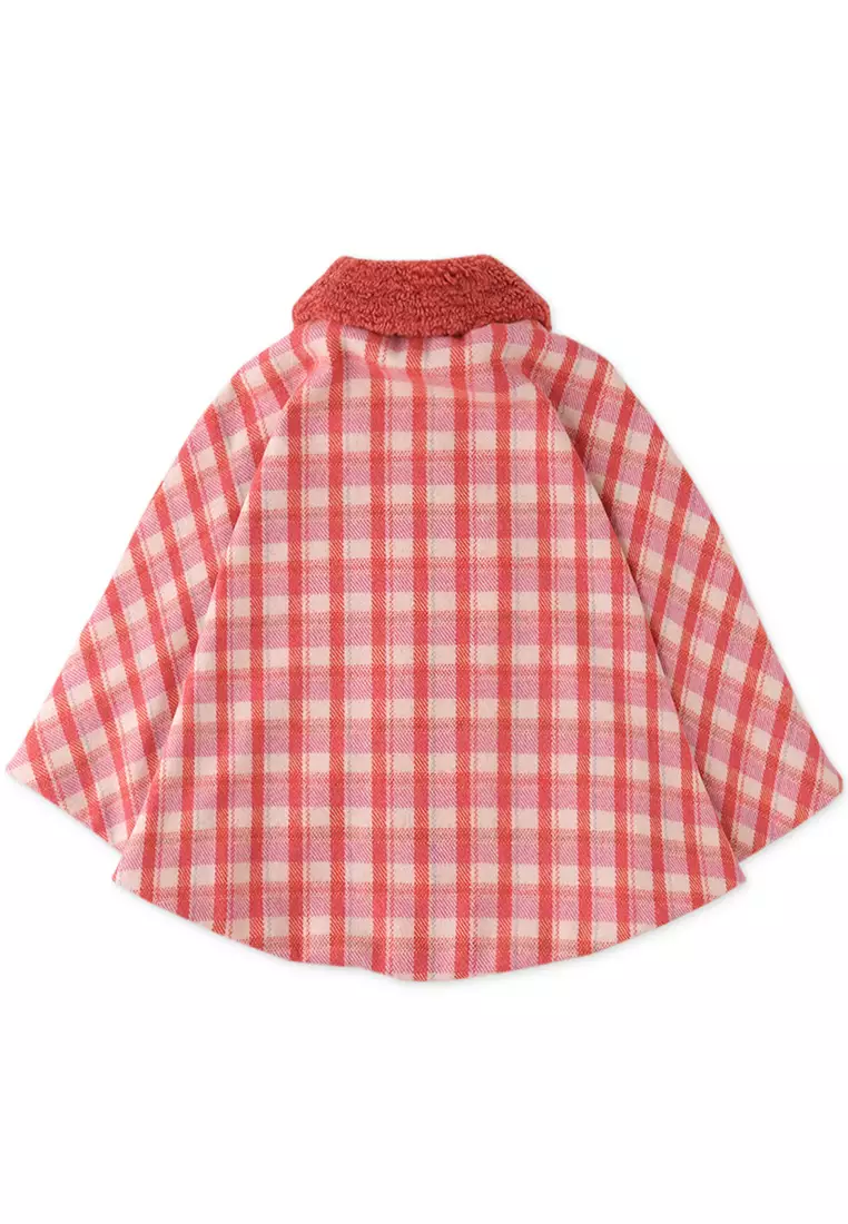 Girls Plaid Wool Cape With Faux Shearling Collar