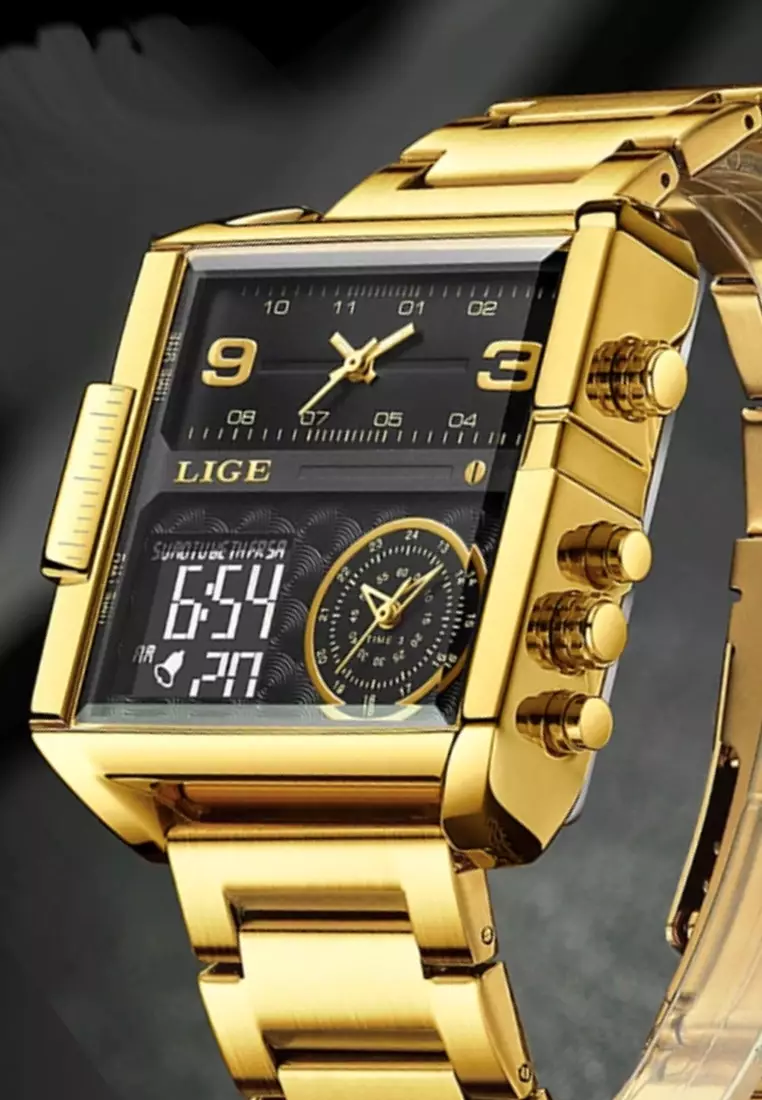 Buy LIGE LIGE Hollow Square Two Time Zones Unisex IP Gold