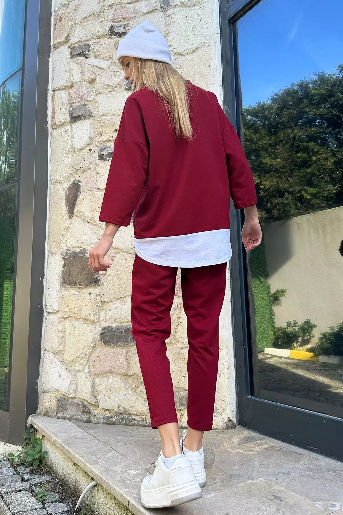 Women's Burgundy Crew Neck Garnished Blouse & Double Pocket Ribbed Stitched Trousers Set