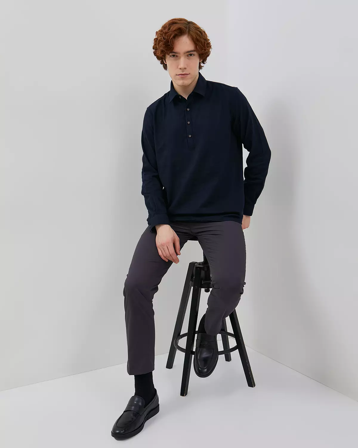 MEN'S NAVY BLUE LONG-SLEEVED LINEN SHIRT