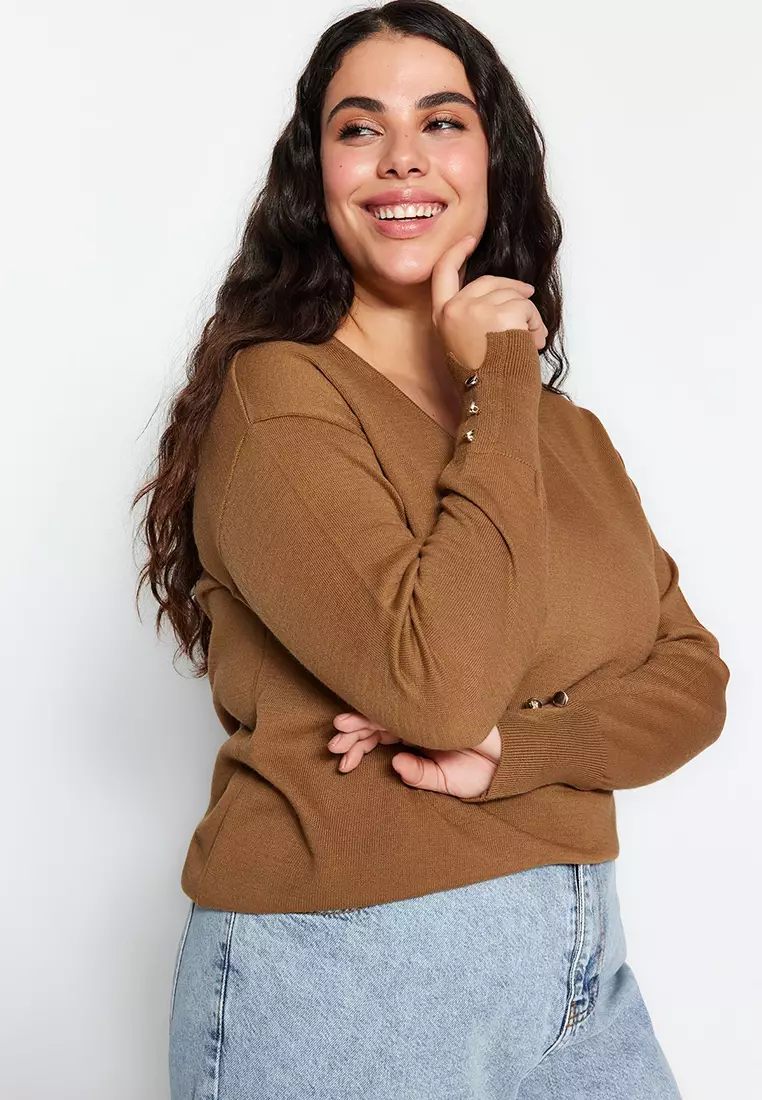 Mink V-Neck Button Detailed Knitwear Sweater Tbbaw23An00043
