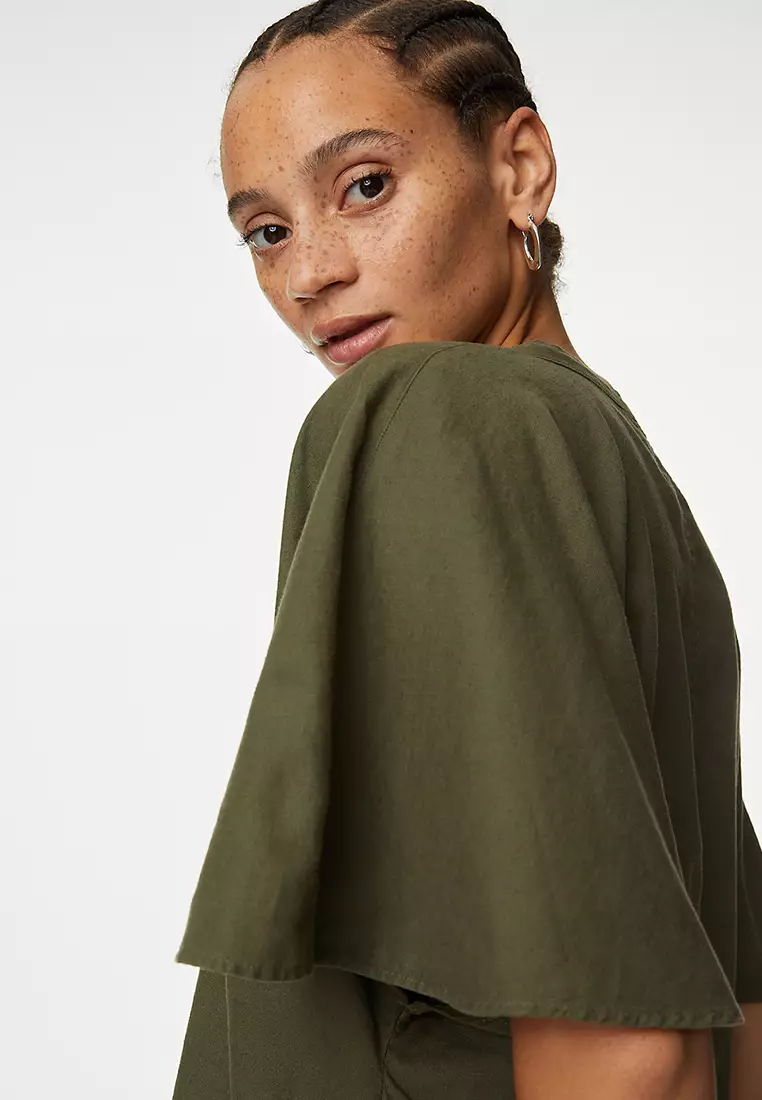 Linen Rich Tie Neck Angel Sleeve Blouse