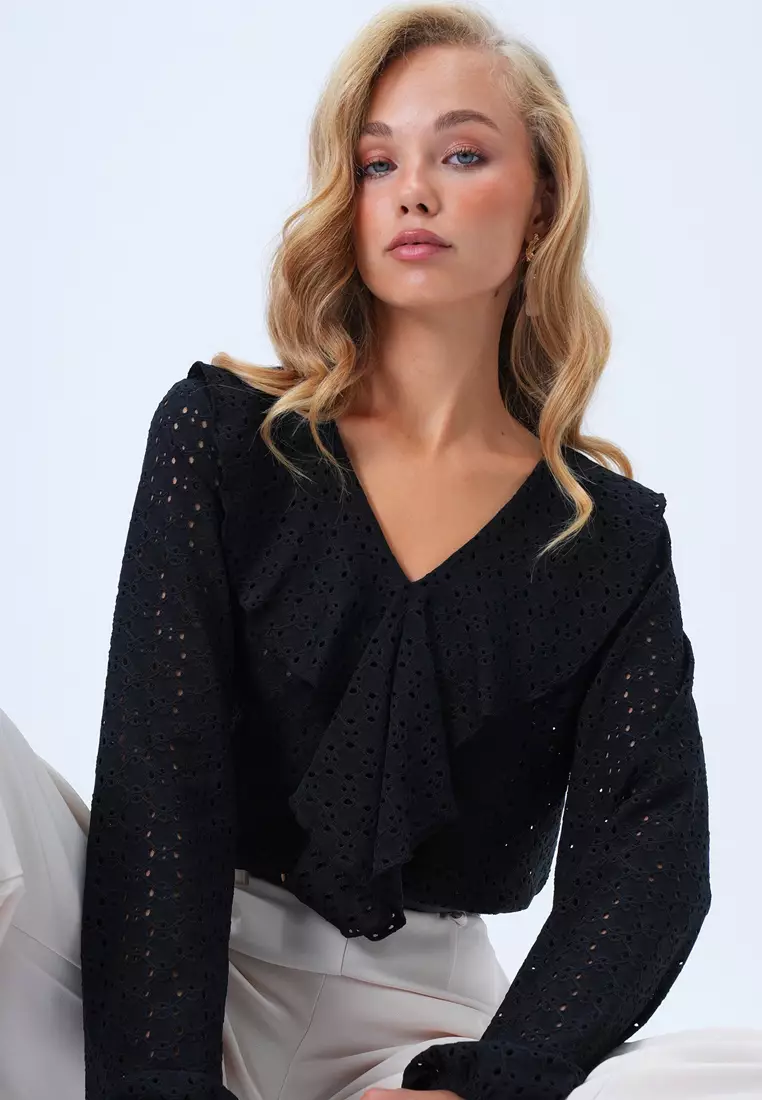 V-Neck Ruffle Front Blouse