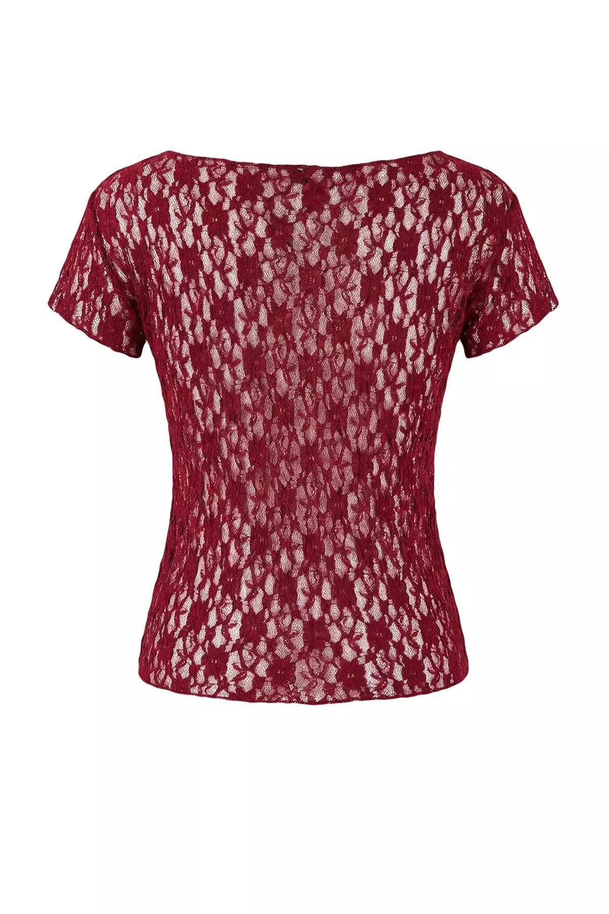 Burgundy Fitted/Bodycon Boat Neck Short Sleeve Lace Knitted Blouse Twoss26Bz185