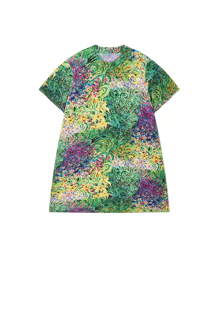 混纺图案元素A型压褶短袖连衣裙