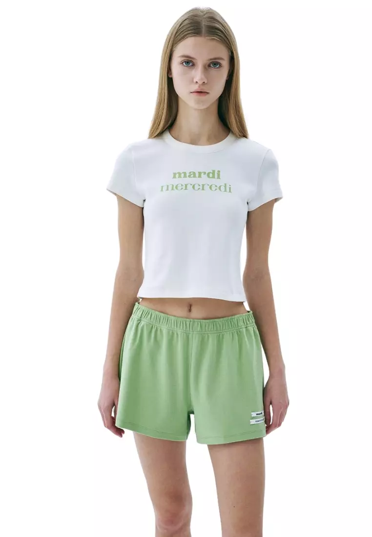 Cropped Fitted Tshirt Double Logo - Ivory Yellow Green