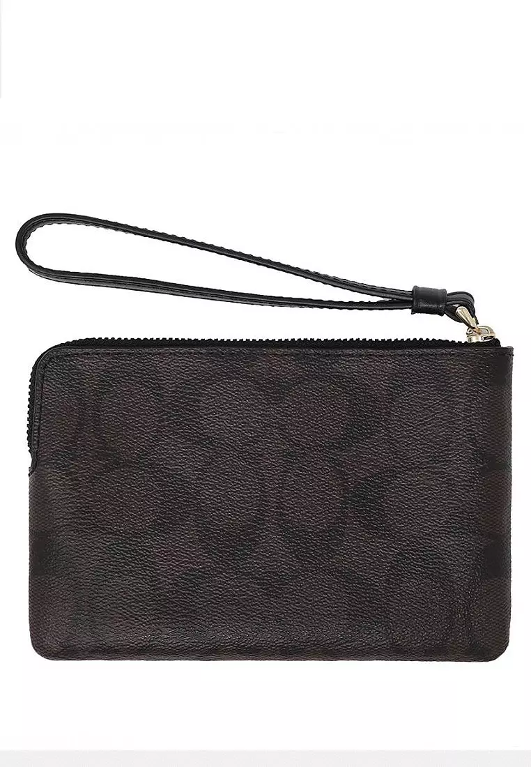 Corner Zip Wristlet In Signature Canvas With Stripe - Walnut/Black