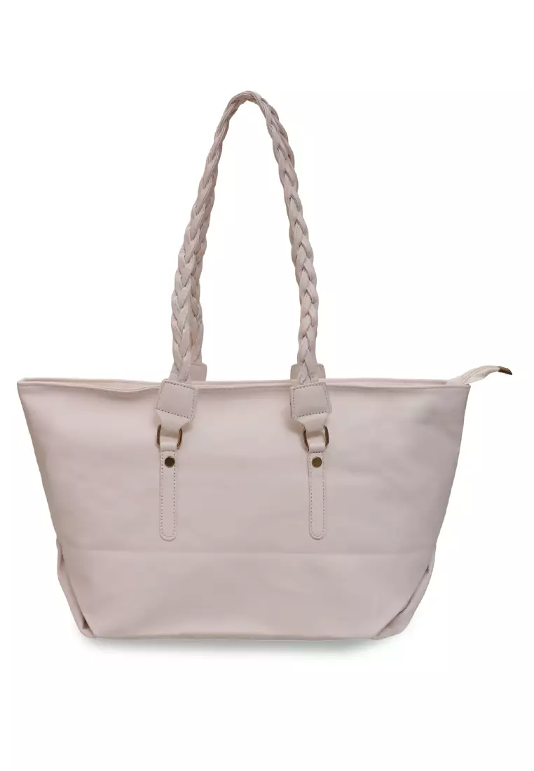 Laura Tote Bag Wanita Tali Desain Kepang Tas Bahu Large Compartment Material Leather ORIGINAL - White