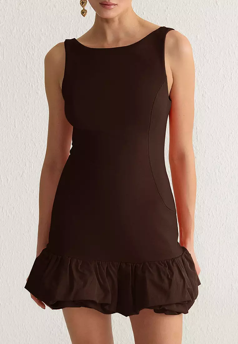 Brown Balloon Skirt Detailed Shorts Lined Short Evening Prom Dress TPRSS25EL00059