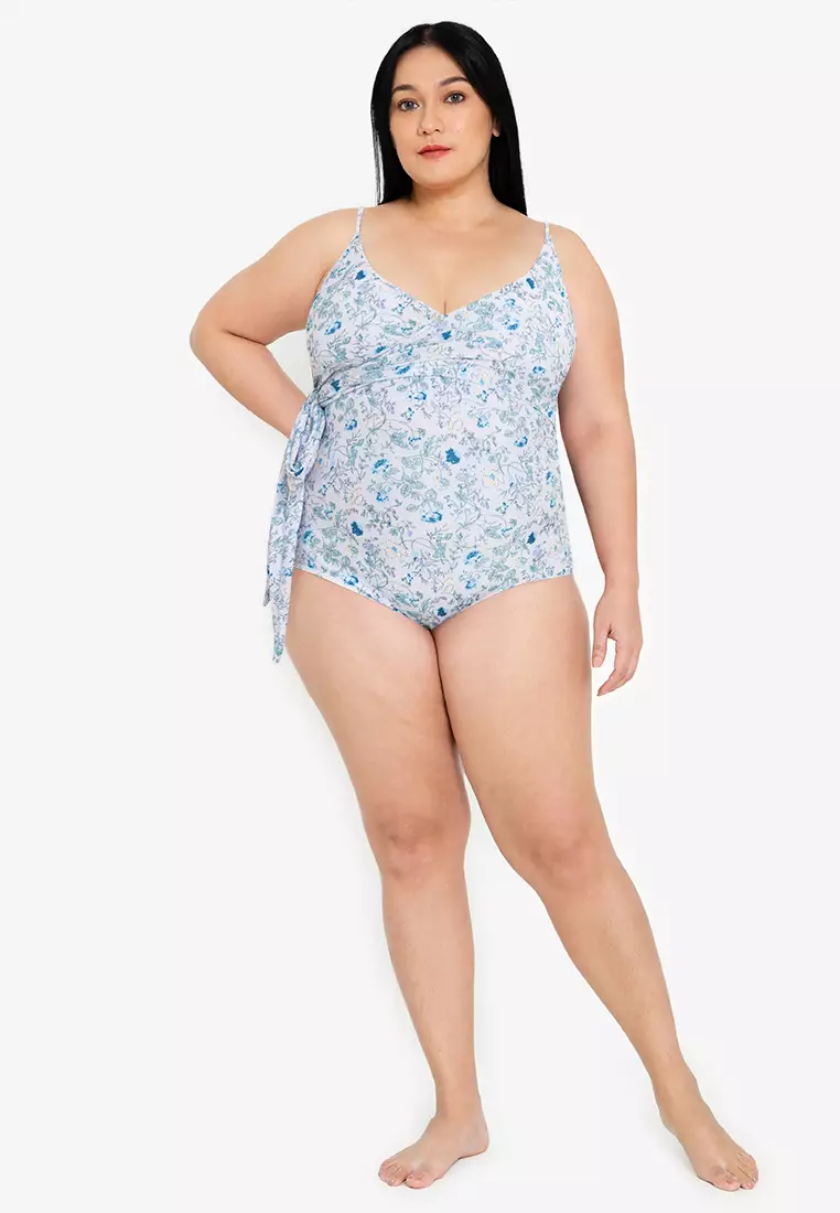 Plus Size White Floral Tie Knot Front One Piece Swimsuit