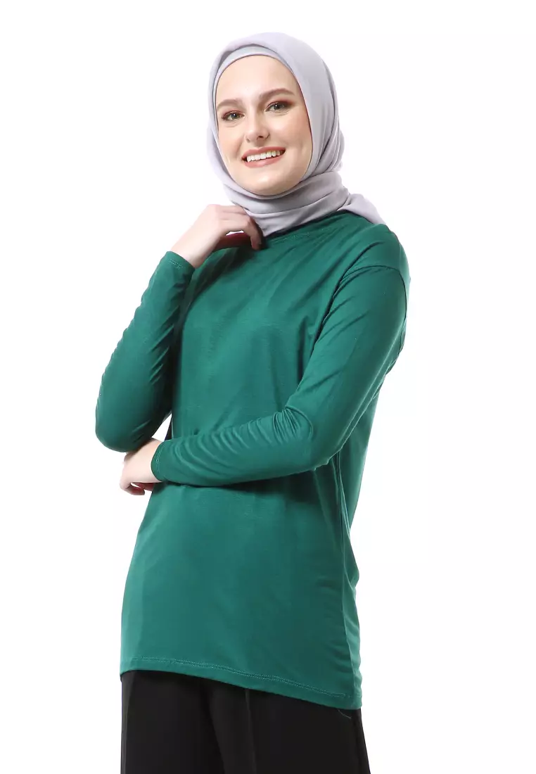 Zlora Manset Atasan Wanita Motif Polos Long Sleeve Reguler Fit - Hijau Botol