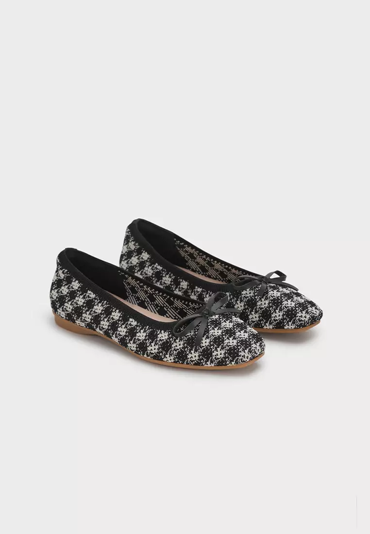 HOUNDSTOOTH FLAT BALLERINA WITH RIBBON DETAIL飞织法式粗花平底芭蕾鞋