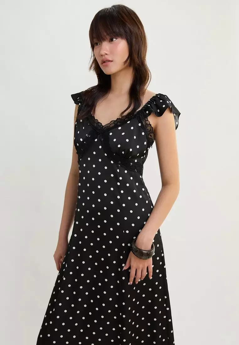 Ruffle Strap Polka Dot Midi Dress - Black