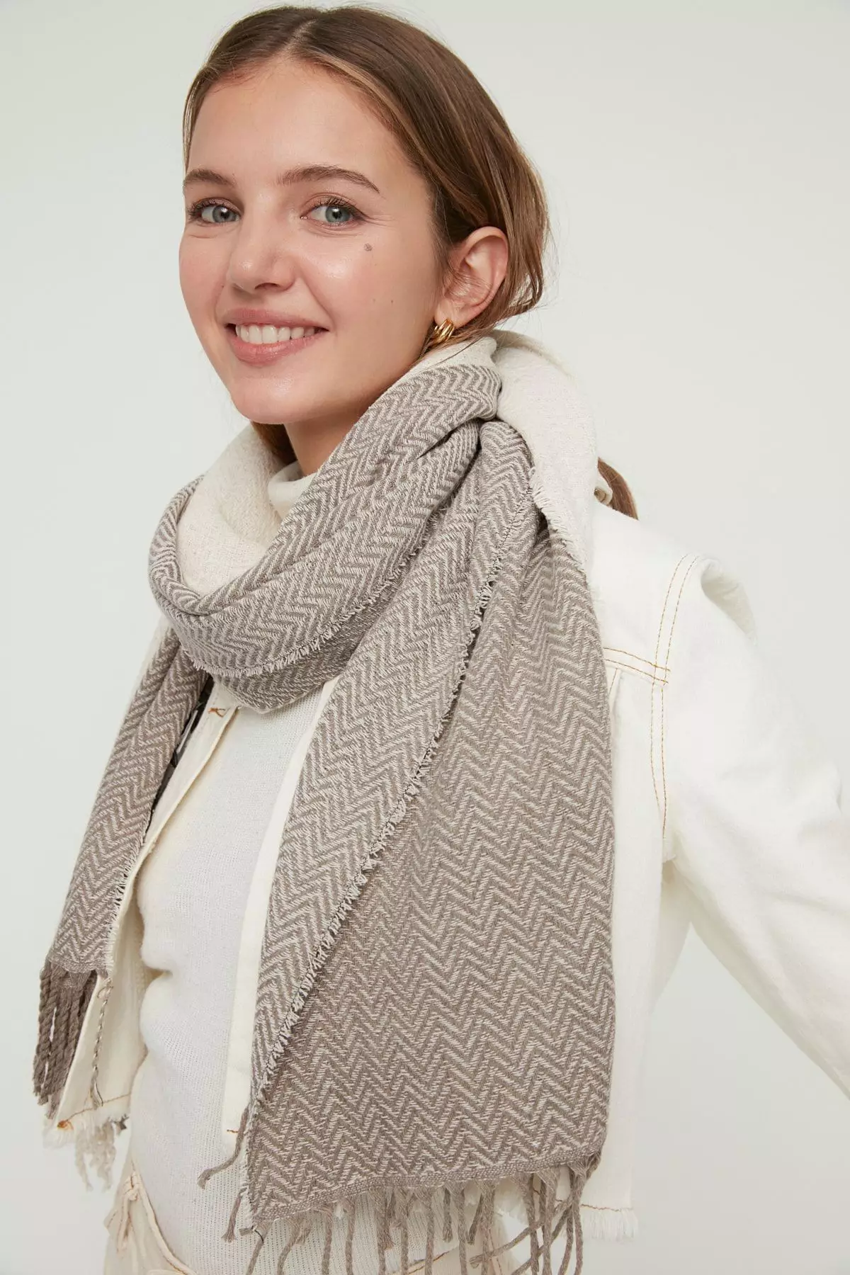 Ecru Pattern Blocky Soft Textured Women'S Scarf Twoaw22At52