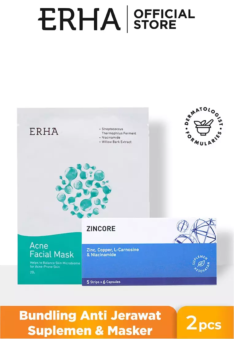 ERHA Bundle Zincore & Acne Facial Mask - Suplemen Dan Masker Anti Jerawat